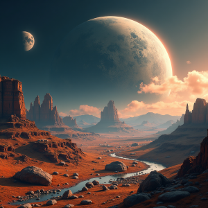 Futuristic landscape with planets and rocky terrain.